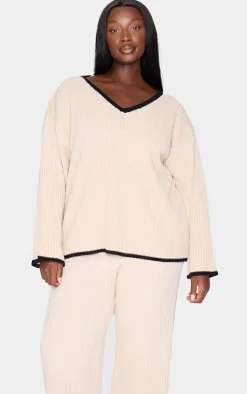 Plus Cream Contrast Stitch V Neck Sweater