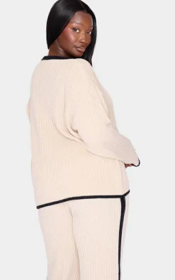 Plus Cream Contrast Stitch V Neck Sweater