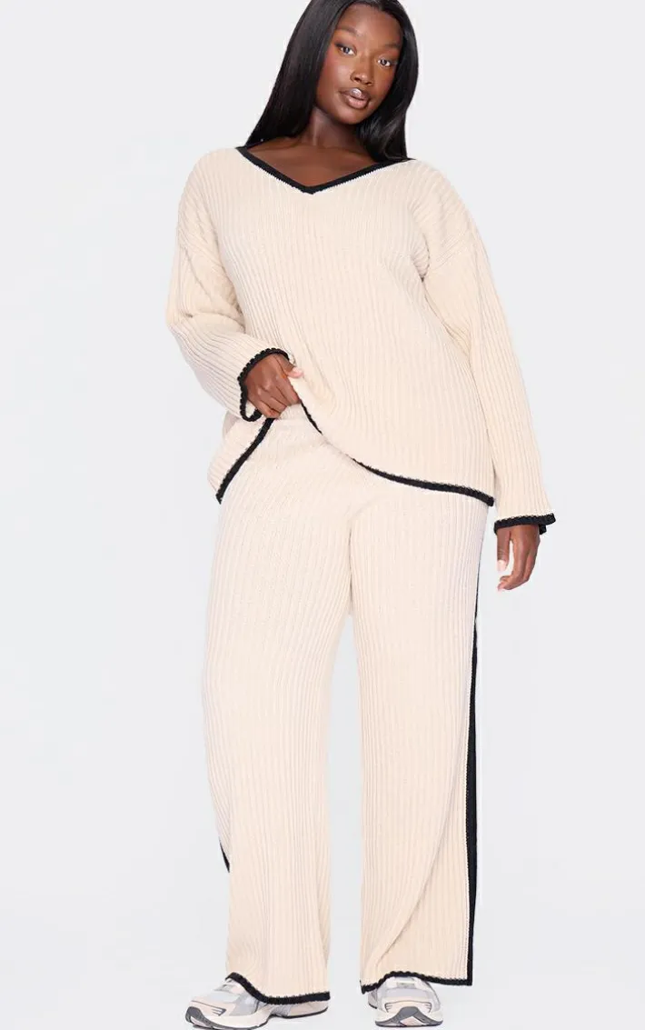 Plus Cream Contrast Stitch V Neck Sweater