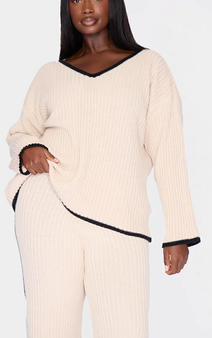 Plus Cream Contrast Stitch V Neck Sweater