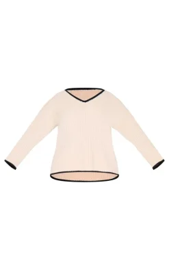 Plus Cream Contrast Stitch V Neck Sweater