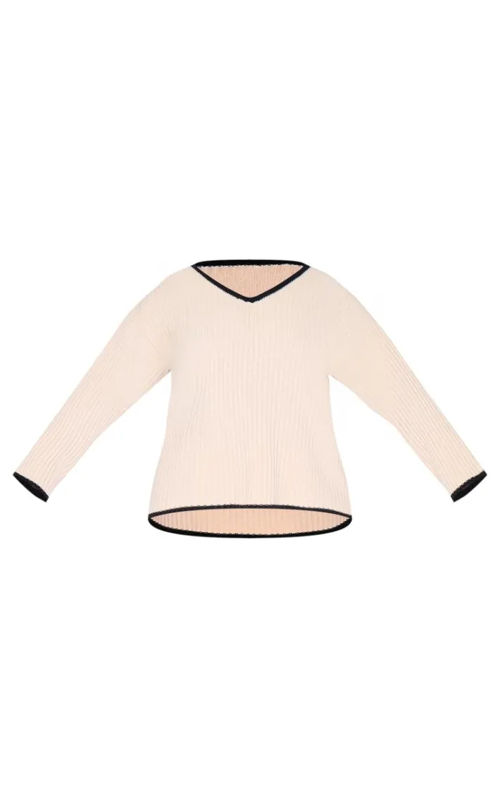 Plus Cream Contrast Stitch V Neck Sweater