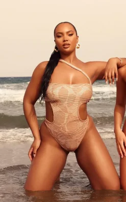 Plus Cream Contrast Textured Rib Asymmetric Cut Out Swimsuit