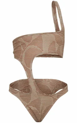 Plus Cream Contrast Textured Rib Asymmetric Cut Out Swimsuit