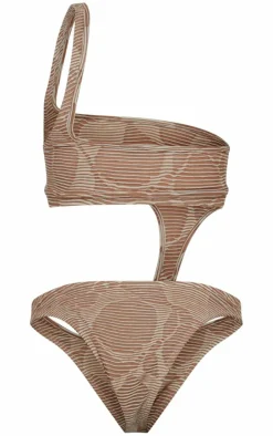 Plus Cream Contrast Textured Rib Asymmetric Cut Out Swimsuit