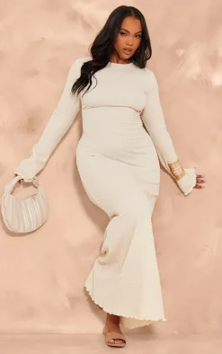 Plus Cream Crinkle Textured Lettuce Hem Long Sleeve Maxi Dress