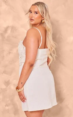 Plus Cream Crochet Bust Detail Linen Look Bodycon Dress
