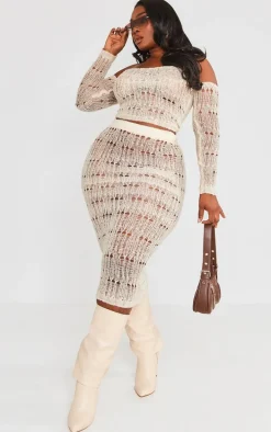 Plus Cream Distress Knitted Midi Skirt