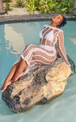 Plus Cream Distressed Knitted Maxi Beach Dress