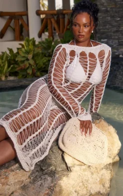 Plus Cream Distressed Knitted Maxi Beach Dress