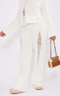 Plus Cream Distressed Knitted Leggings