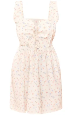 Plus Cream Ditsy Floral Lace Up Front Corset Skater Dress