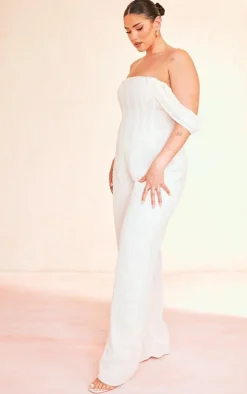 Plus Cream Dobby Mesh Corset Jumpsuit