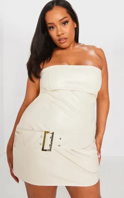 Plus Cream Faux Leather Bandeau Belted Mini Dress