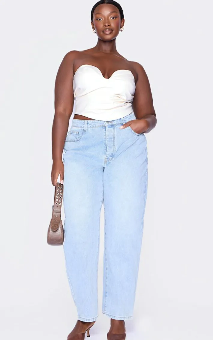 Plus Cream Faux Leather Plunge Ruched Corset Top