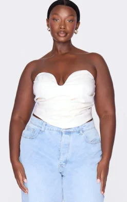 Plus Cream Faux Leather Plunge Ruched Corset Top