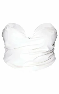 Plus Cream Faux Leather Plunge Ruched Corset Top