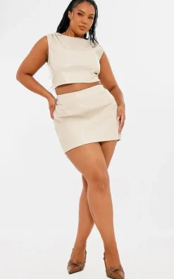 Plus Cream Faux Leather Ruched Shoulder Detail Crop Top