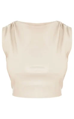 Plus Cream Faux Leather Ruched Shoulder Detail Crop Top