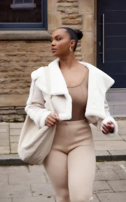 Plus Cream Faux Suede Crop Faux Fur Lined Aviator