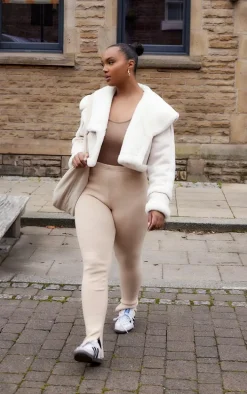 Plus Cream Faux Suede Crop Faux Fur Lined Aviator