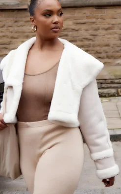 Plus Cream Faux Suede Crop Faux Fur Lined Aviator