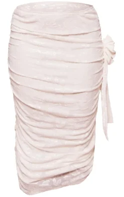 Plus Cream Floral Devore Ruched Maxi Skirt