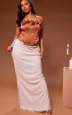 Plus Cream Floral Lined Mesh Tie Side Low Rise Maxi Skirt