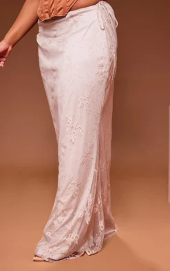 Plus Cream Floral Lined Mesh Tie Side Low Rise Maxi Skirt