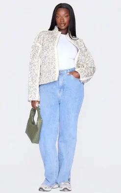 Plus Cream Floral Print Pocket Detail Quilted Jacket