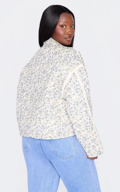 Plus Cream Floral Print Pocket Detail Quilted Jacket