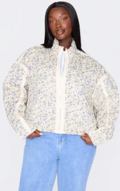 Plus Cream Floral Print Pocket Detail Quilted Jacket