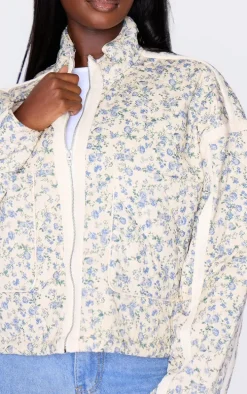 Plus Cream Floral Print Pocket Detail Quilted Jacket