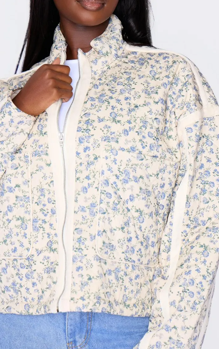 Plus Cream Floral Print Pocket Detail Quilted Jacket