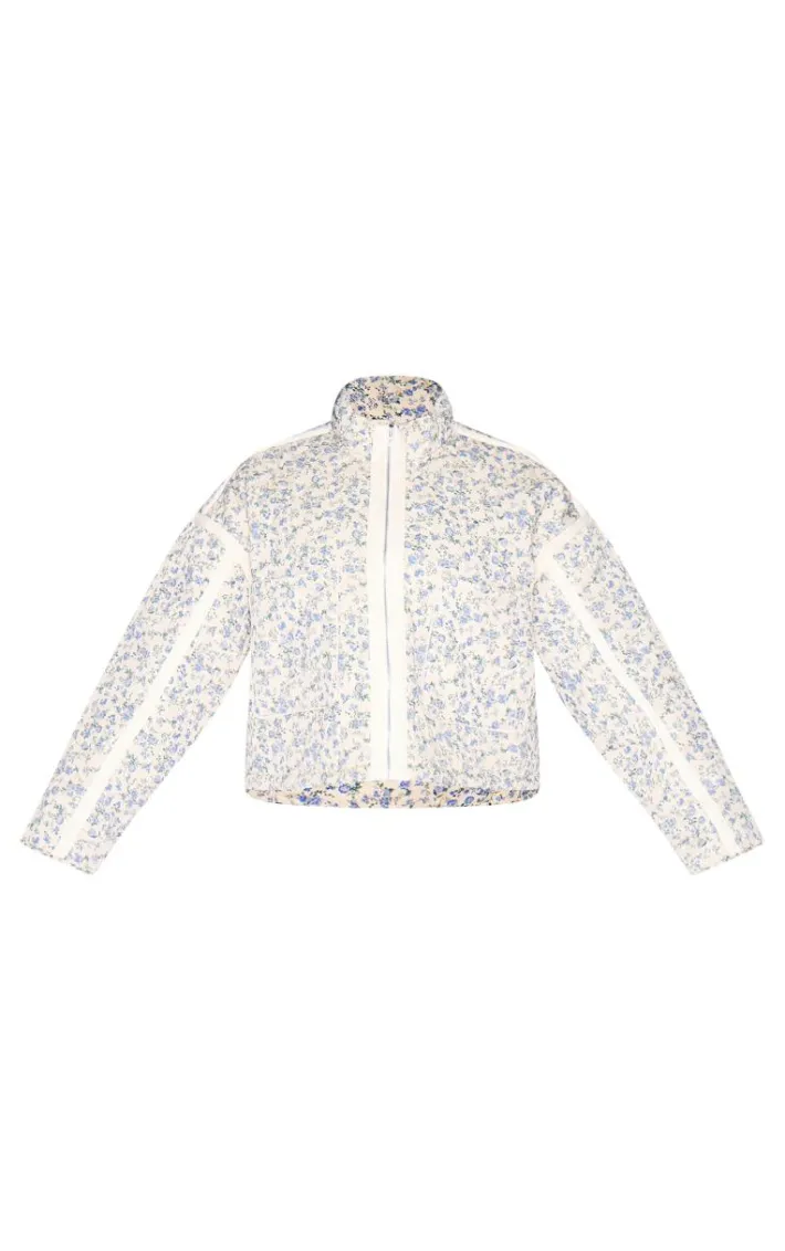 Plus Cream Floral Print Pocket Detail Quilted Jacket