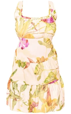 Plus Cream Floral Print Ruched Bust Mini Dress