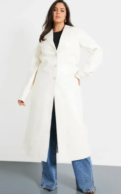 Plus Cream High Shine Textured Faux Leather Maxi Coat