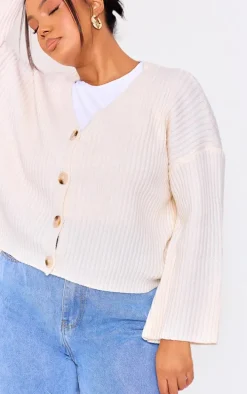 Plus Cream Knit Rib Button Cardigan