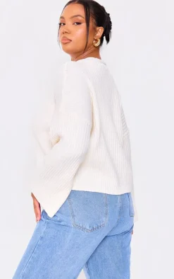 Plus Cream Knit Rib Button Cardigan