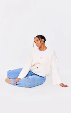 Plus Cream Knit Rib Button Cardigan
