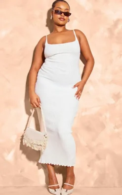 Plus Cream Knitted Ribbed Edge Detail Midi Dress