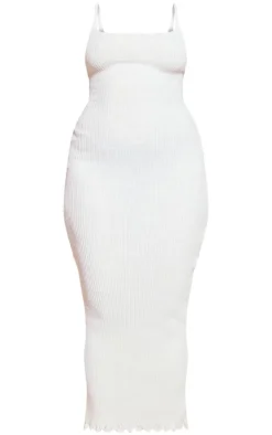 Plus Cream Knitted Ribbed Edge Detail Midi Dress