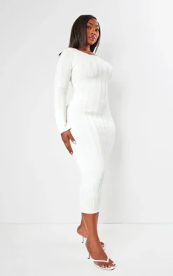 Plus Cream Knitted Wide Ribbed Scoop Back Midaxi Dress