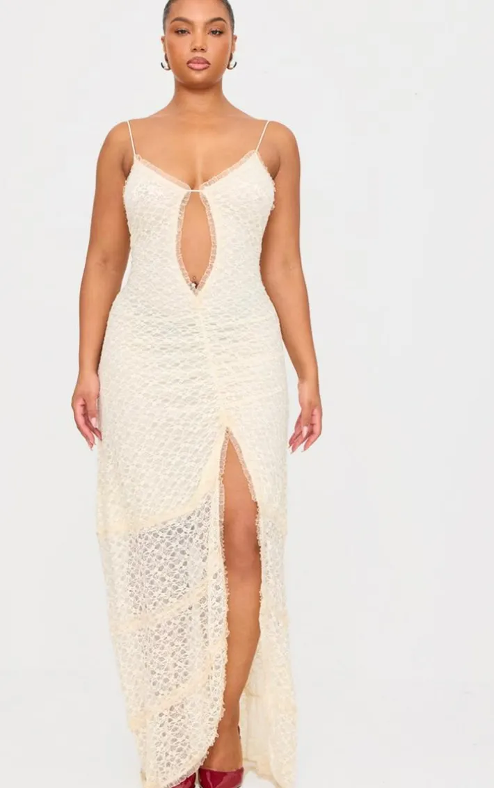 Plus Cream Lace Mesh Cut Out Maxi Dress