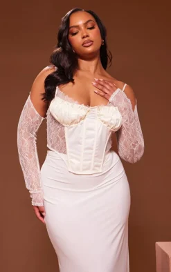 Plus Cream Lace Satin Insert Sleeve Detail Corset