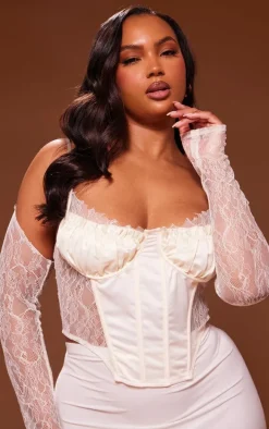 Plus Cream Lace Satin Insert Sleeve Detail Corset