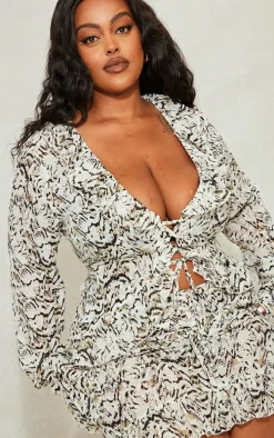 Plus Cream Leopard Lace Up Ruffle Top