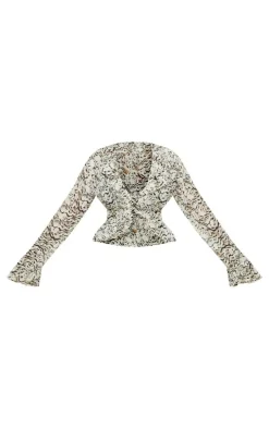 Plus Cream Leopard Lace Up Ruffle Top