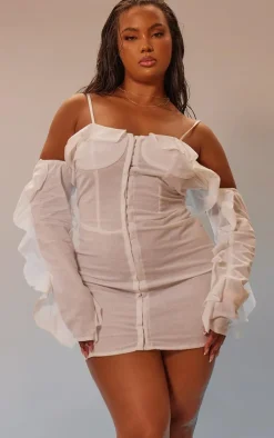 Plus Cream Linen Look Frill Bardot Bodycon Dress