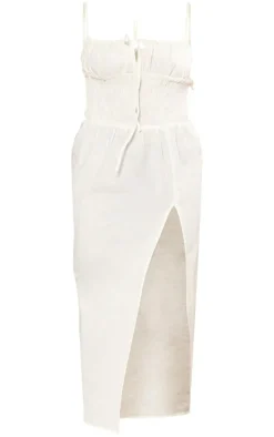 Plus Cream Linen Look Shirred Waist Midaxi Dress